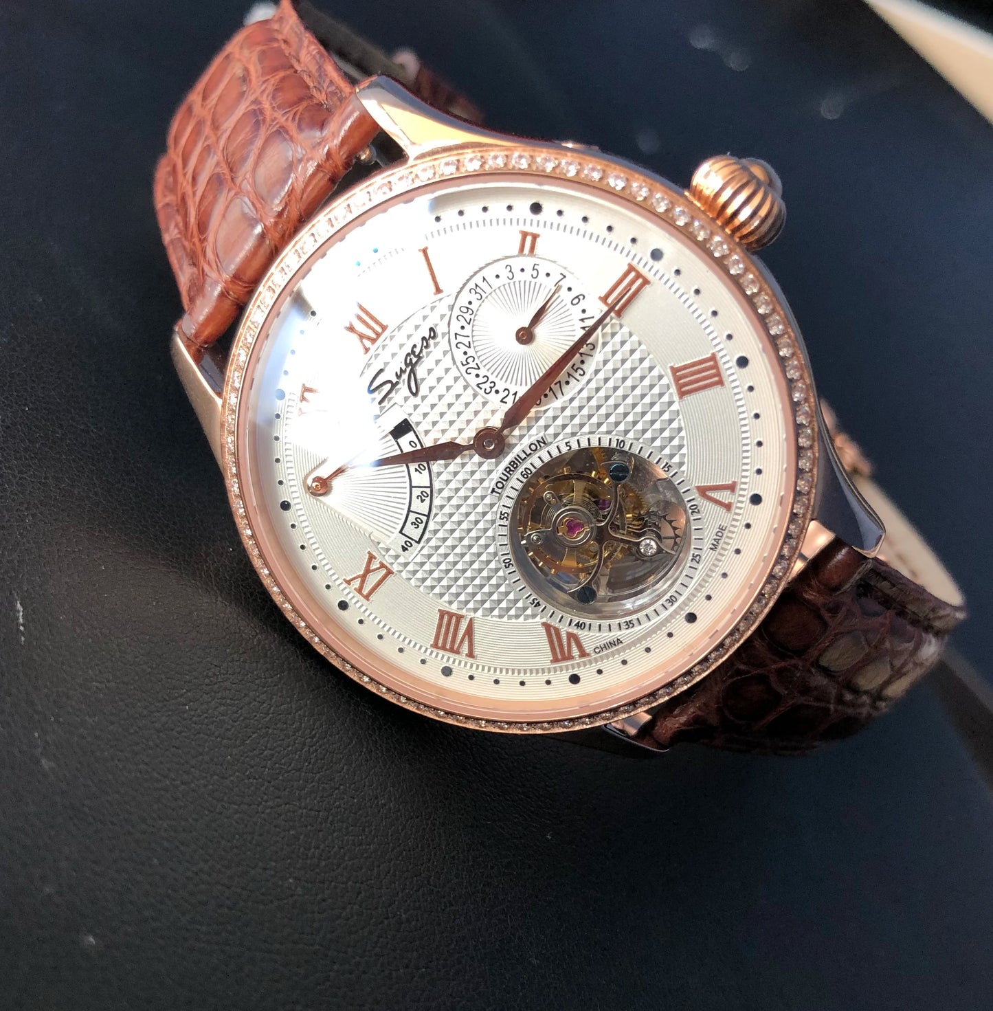 Sugess Real Tourbillon Watch Genuine Original ST8001 Movement Mens Calendar Skeleton Gold Diamond Watches Hand Winding/Auto