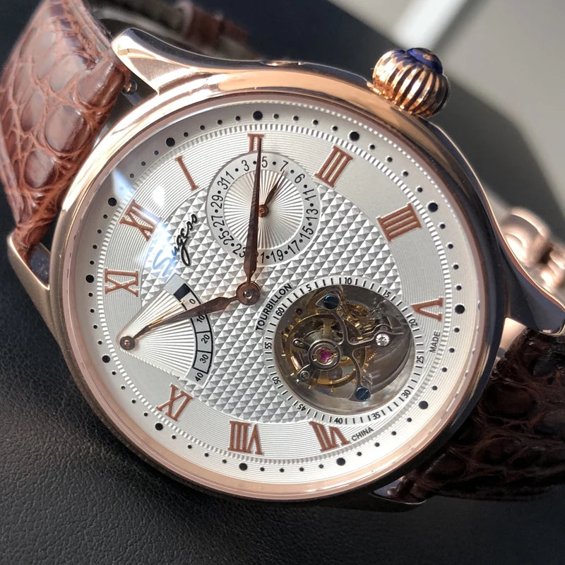 Sugess Real Tourbillon Watch Genuine Original ST8001 Movement Mens Calendar Skeleton Gold Diamond Watches Hand Winding/Auto