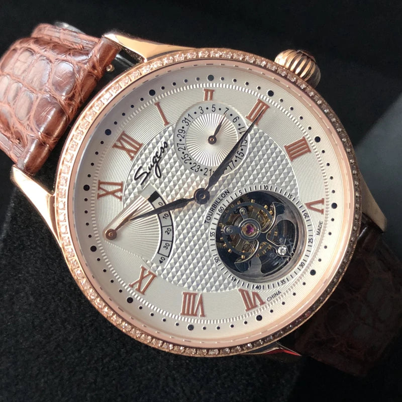 Sugess Real Tourbillon Watch Genuine Original ST8001 Movement Mens Calendar Skeleton Gold Diamond Watches Hand Winding/Auto