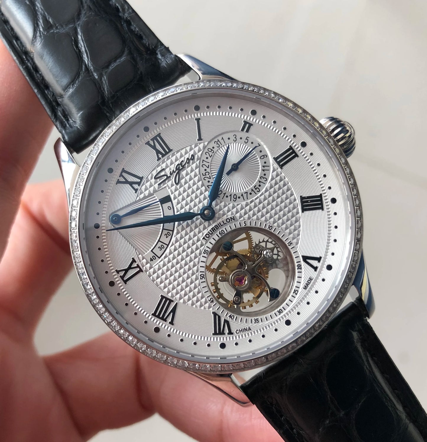 Sugess Real Tourbillon Watch Genuine Original ST8001 Movement Mens Calendar Skeleton Gold Diamond Watches Hand Winding/Auto